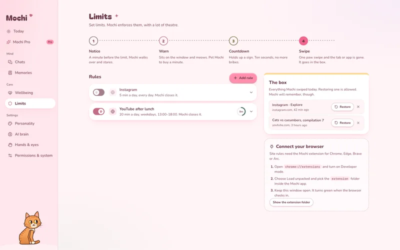 Limits page with daily time limits for sites and apps.